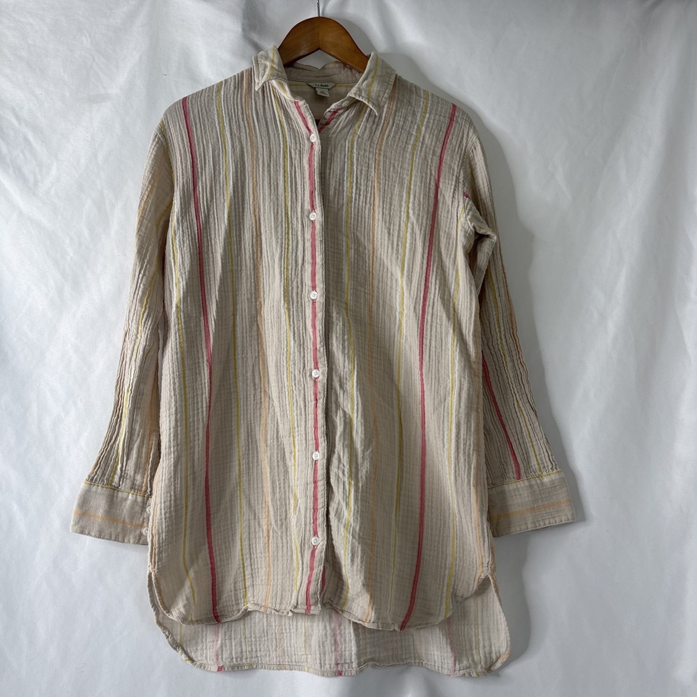 LL Bean Women's XS Cotton Long Sleeve Button Up Striped Textured Top Shirt